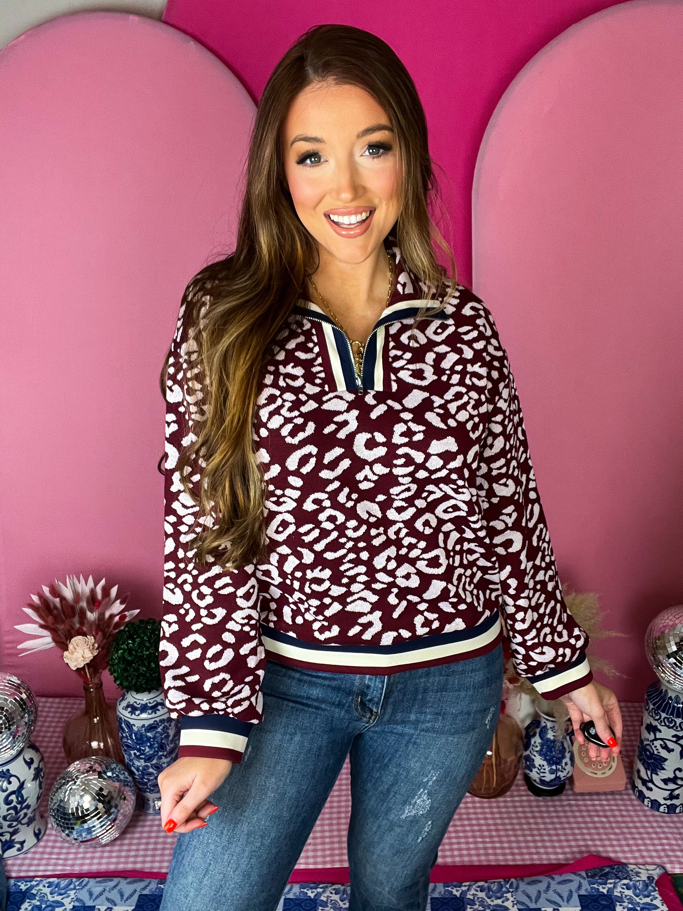 Burgundy Leopard Zip Up Pullover