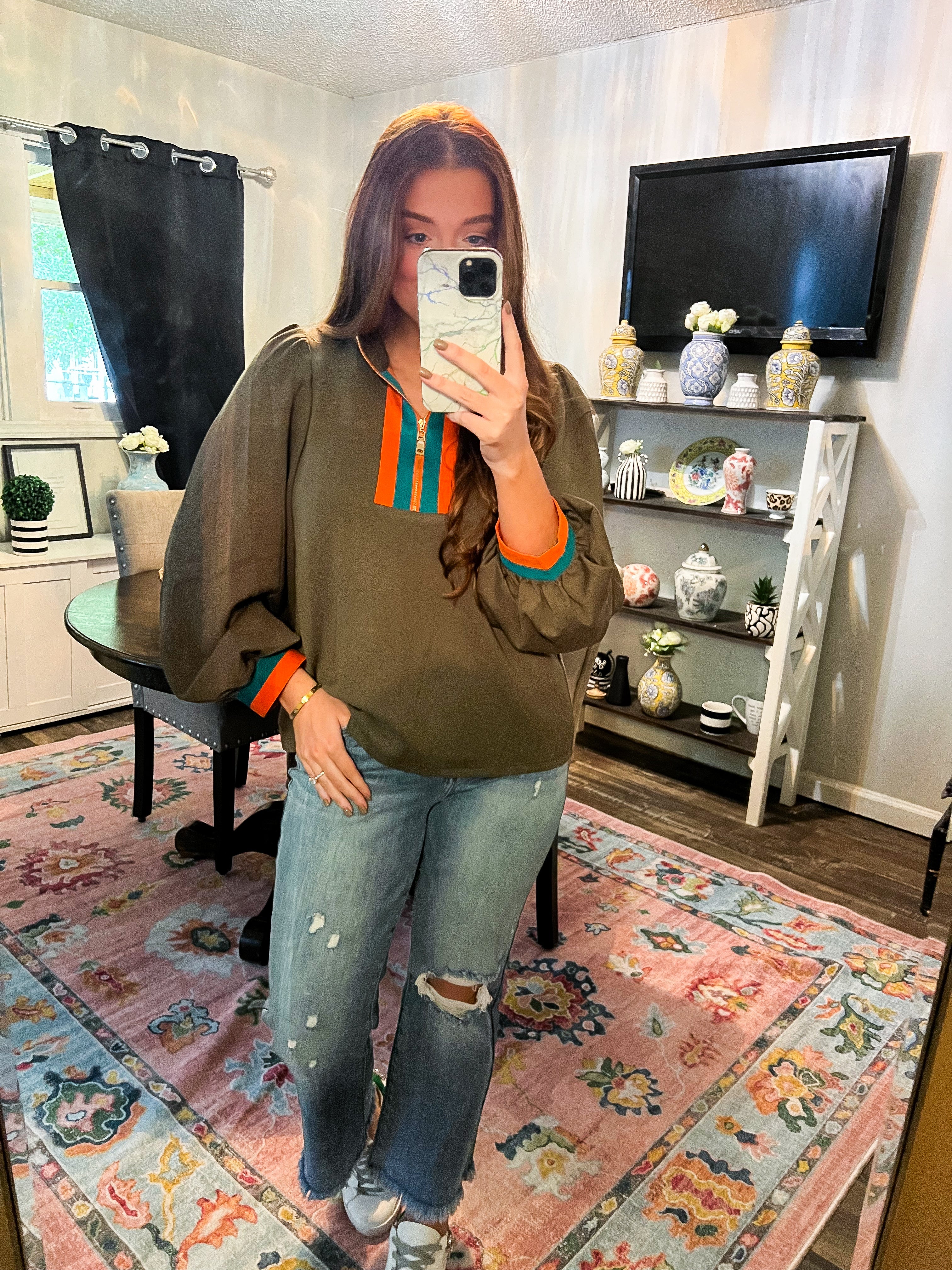 Olive Rib Band Front Zip