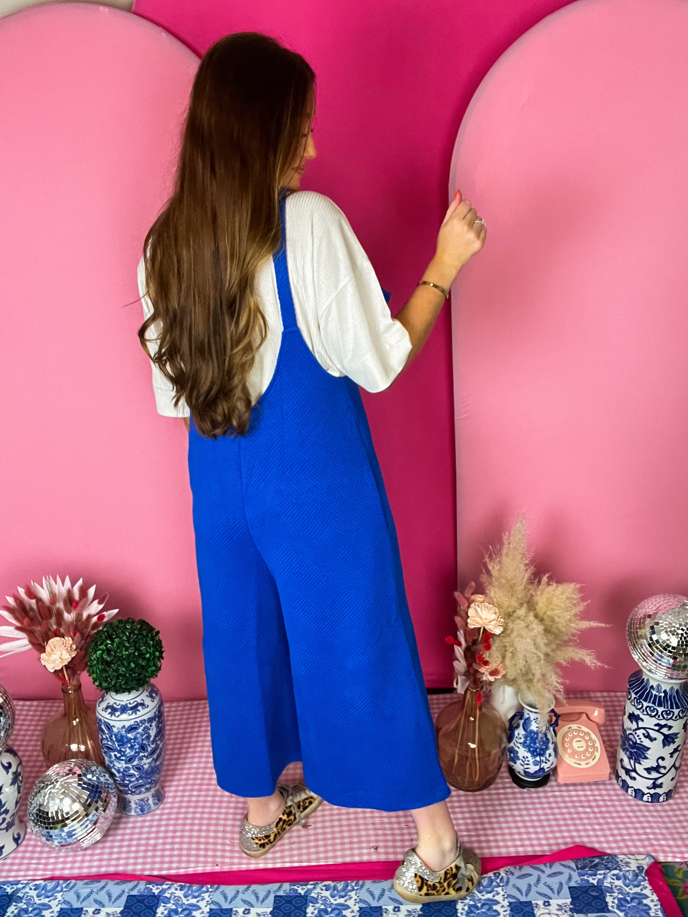 Royal Blue Texture Cropped Overalls