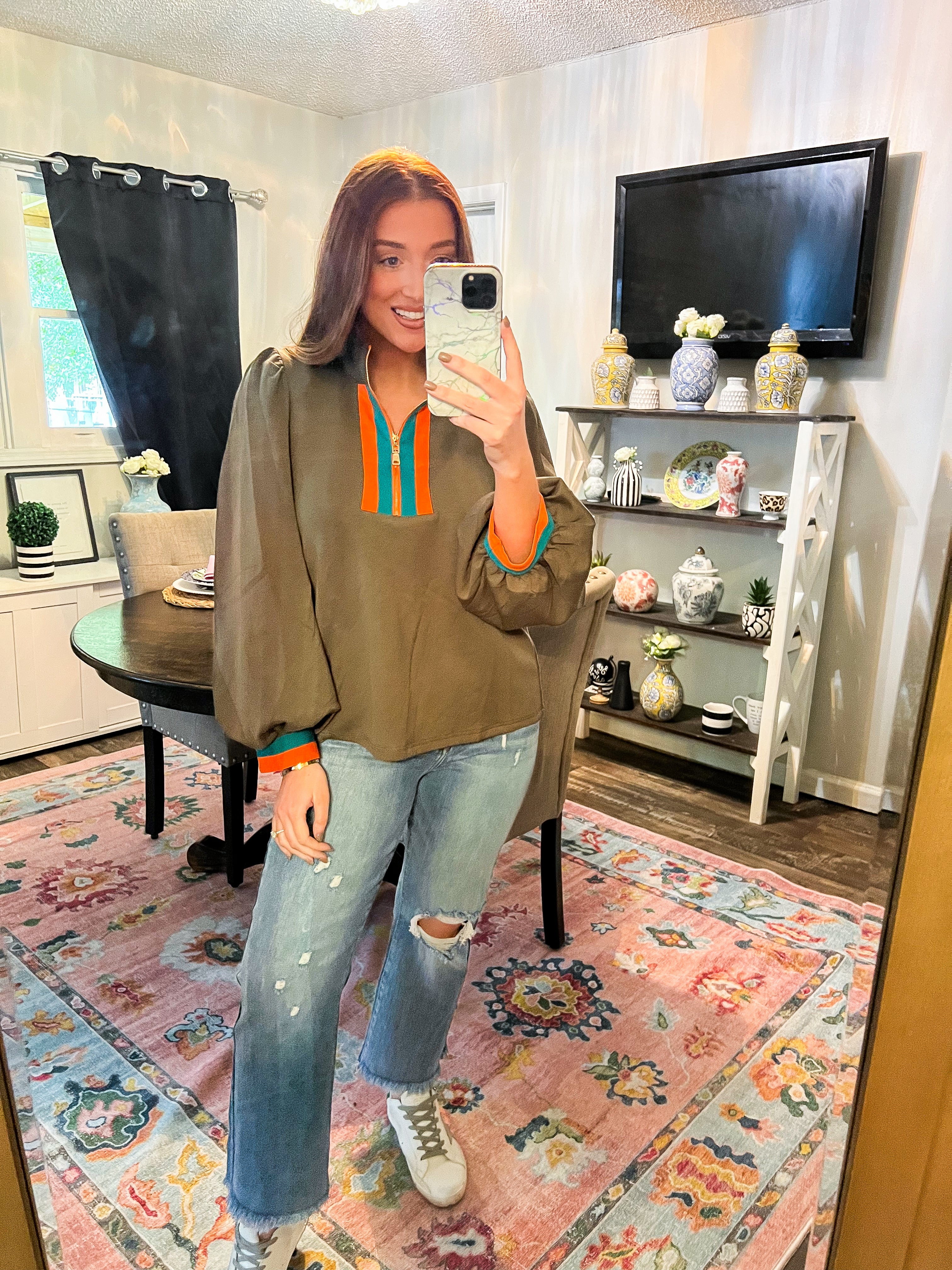 Olive Rib Band Front Zip