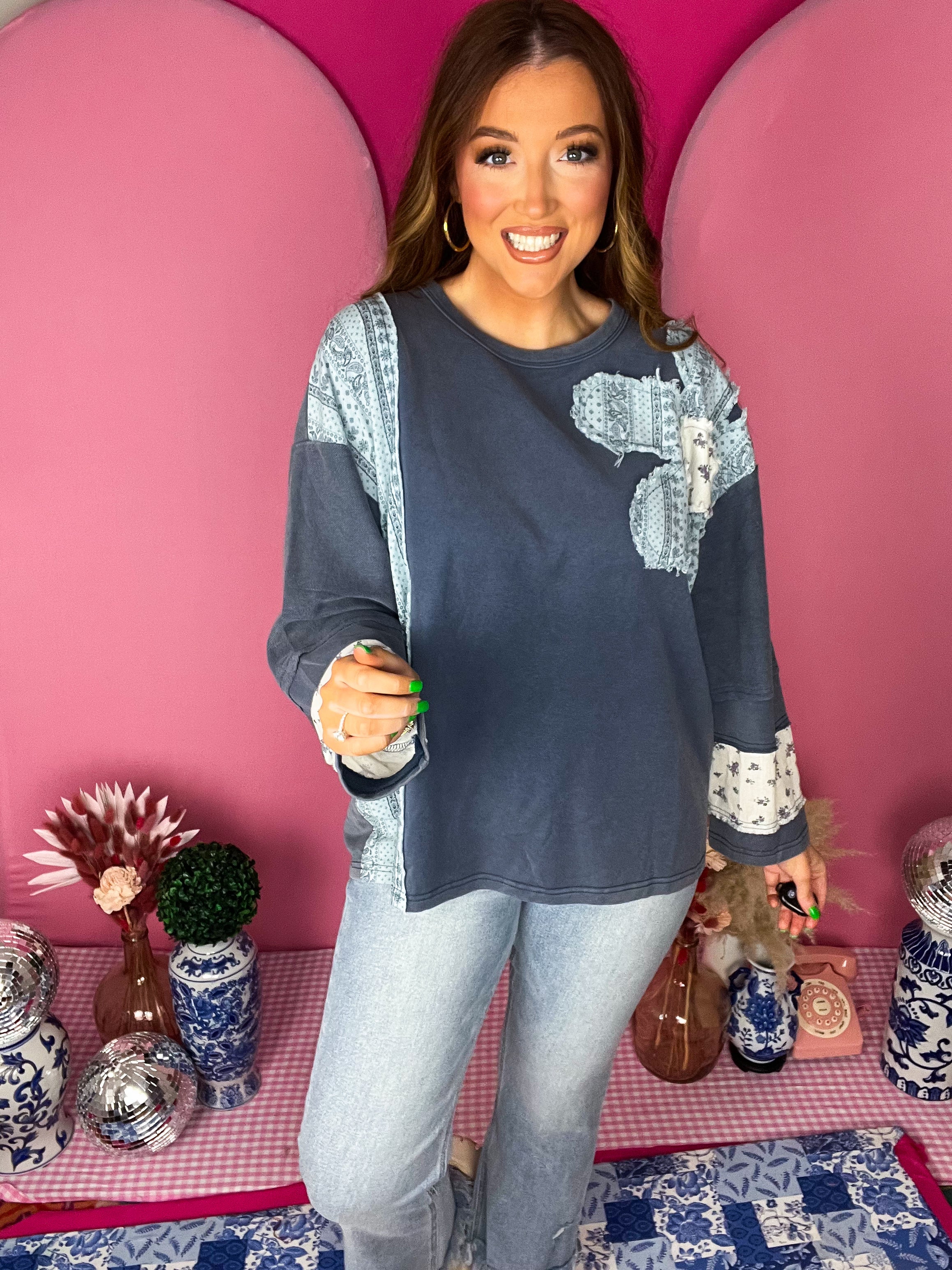 Denim French Terry Patchwork Pullover