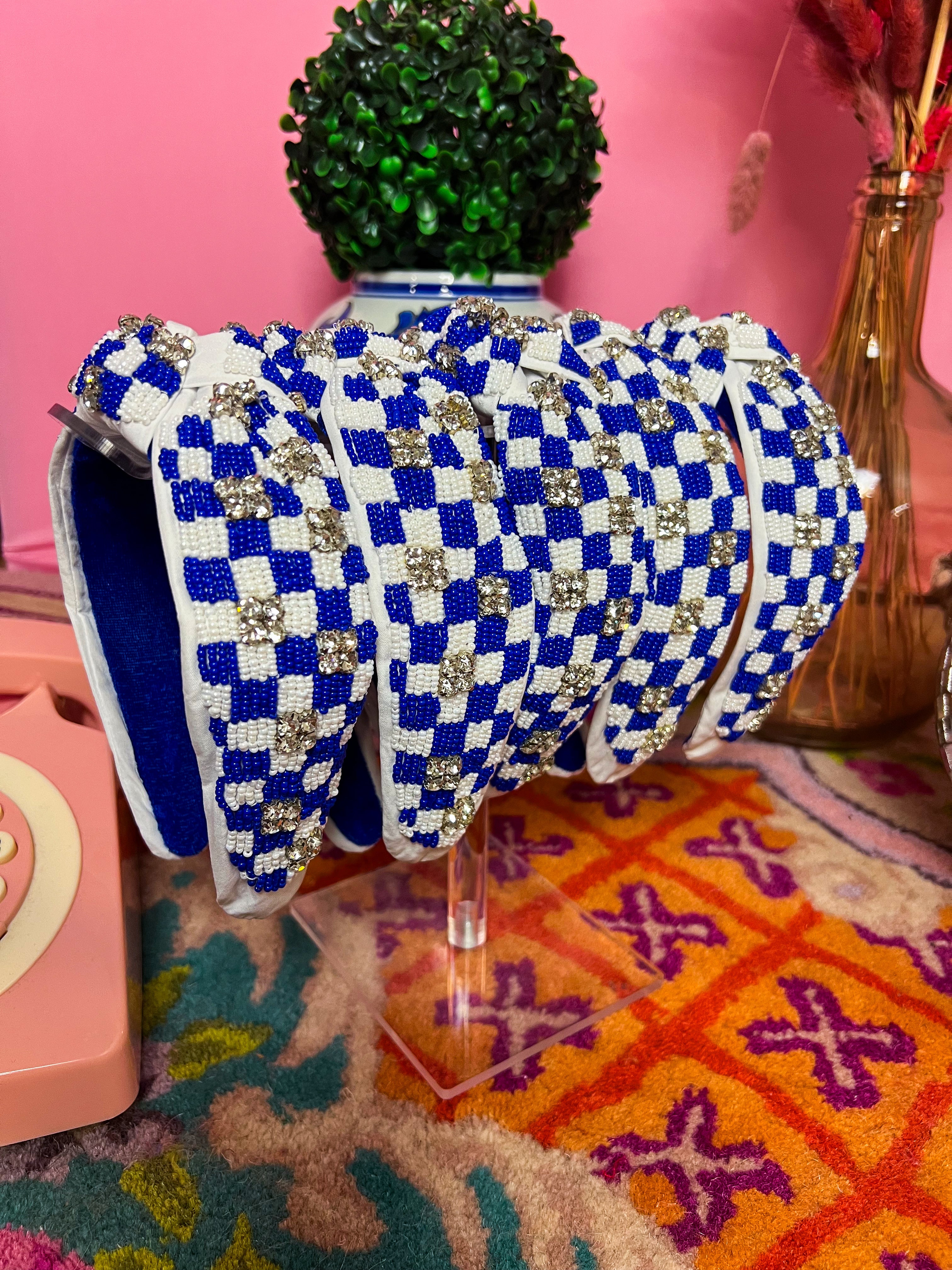 Royal & White Checkered Crystal Embellished Headband