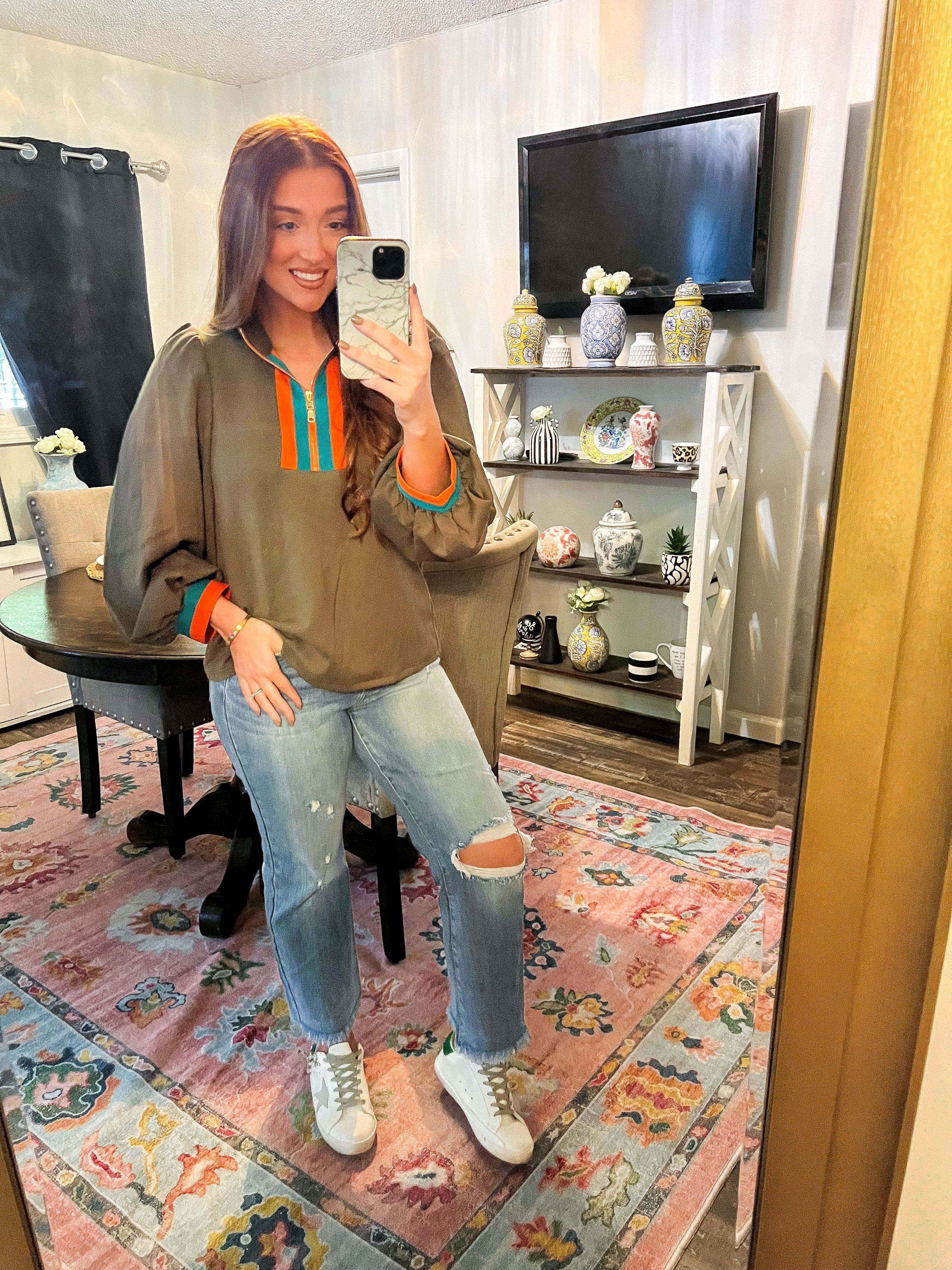 Olive Rib Band Front Zip