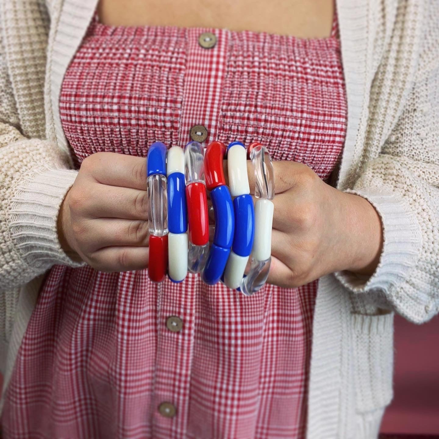 Clear RWB  Bamboo Bead Bracelet