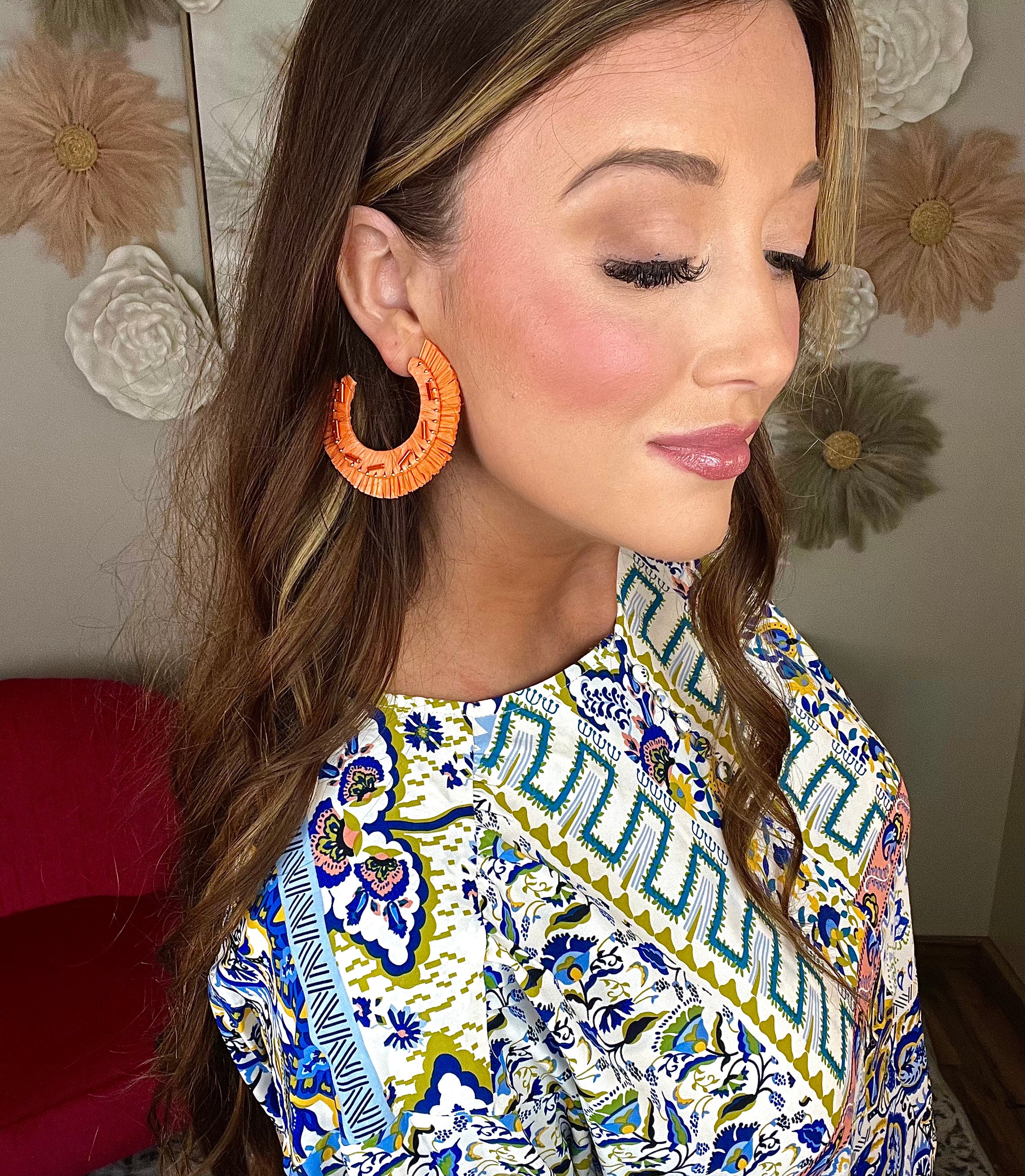 Raffia C Hoop Earrings Orange